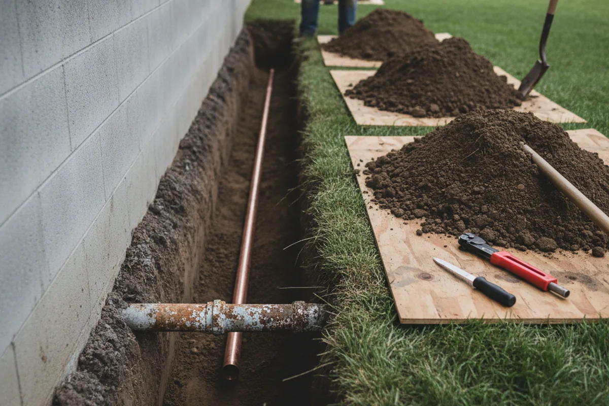 Excavated water line trench during Sewer Line Repair in Roopville